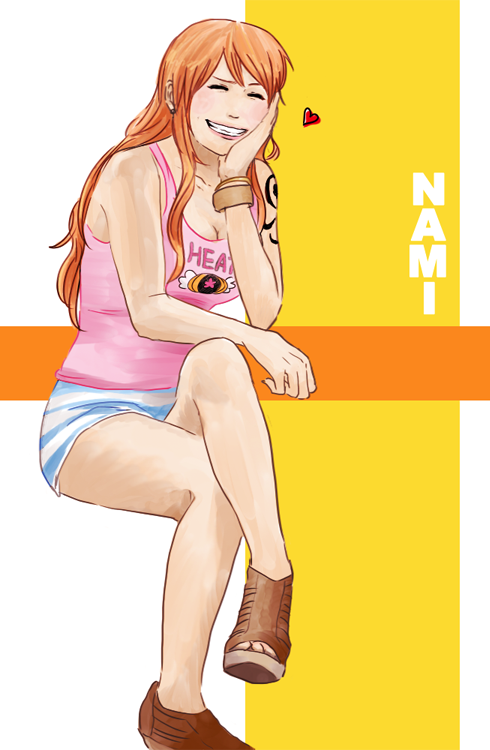 1girl bracelet character_name chin_rest closed_eyes grin heart jewelry knee_up legs_crossed long_hair nami_(one_piece) one_piece orange_hair piyokichi_(kichinko) sandals shorts sitting smile solo striped striped_background tank_top tattoo thighs