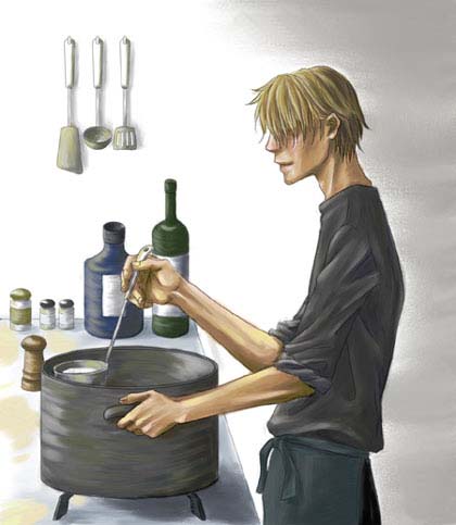 1boy blonde_hair bottle chef cooking kitchen ladle lowres male_focus one_piece pepper pot pyroxxxxx salt sanji solo