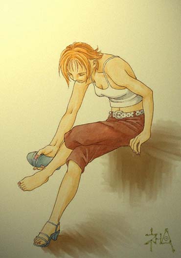 1girl capri_pants nami_(one_piece) one_piece orange_hair pants pyroxxxxx sandals short_hair sitting solo tank_top