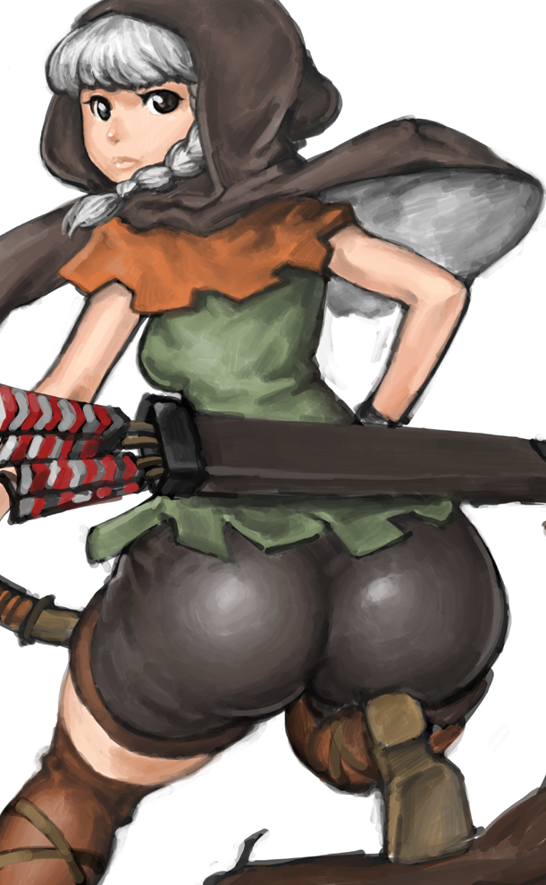 1girl 66head arrow ass black_eyes boots bow_(weapon) braid breasts cloak dragon's_crown elf_(dragon's_crown) female from_behind hood hooded_cloak looking_at_viewer looking_back shorts sideboob silver_hair solo vanillaware weapon