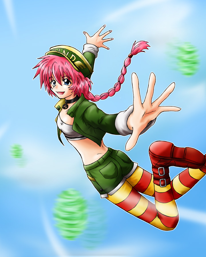 1girl 90s ass blue_eyes boots braid choker crop_top female flying hat long_hair open_mouth outstretched_hand pink_hair psychic_force shinato_(auster) shorts single_braid smile solo striped striped_legwear thigh-highs wendy_ryan wind