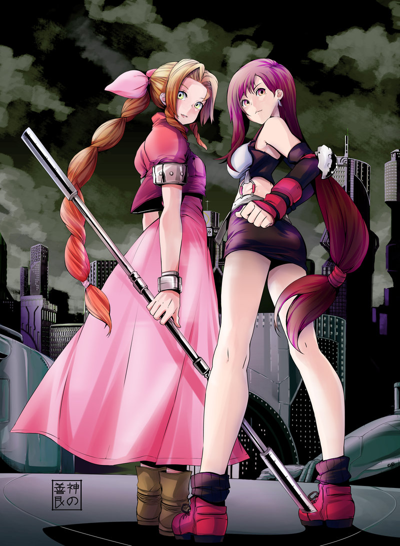 2girls aerith_gainsborough bow brown_hair earrings eudetenis final_fantasy final_fantasy_vii from_behind gloves green_eyes hair_bow jewelry long_hair looking_at_viewer looking_back low-tied_long_hair multiple_girls skirt staff standing tied_hair tifa_lockhart very_long_hair weapon