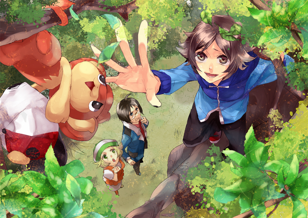 10s 1girl 2boys bel_(pokemon) blonde_hair brown_hair cheren_(pokemon) climbing ichi_kawa_ichi leaf multiple_boys pansear pokemon pokemon_(game) pokemon_bw touya_(pokemon) tree