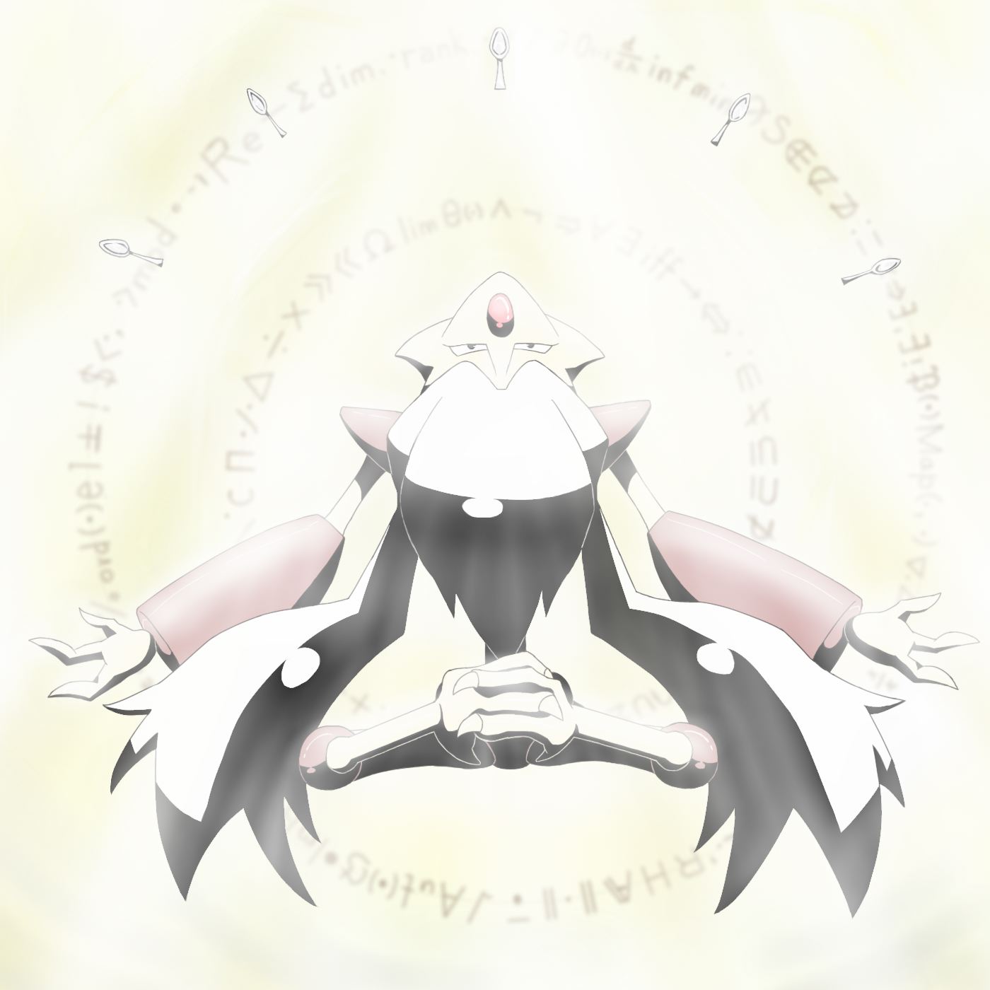 alakazam backlighting long_beard magic_circle meditation mega_pokemon no_humans pokemon spoon