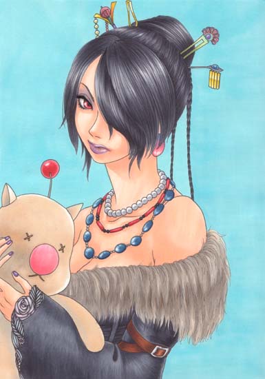 1girl bare_shoulders black_hair earrings eyeshadow final_fantasy final_fantasy_x fur_trim hair_over_one_eye jewelry lipstick looking_at_viewer lulu_(final_fantasy) makeup necklace purple_lipstick solo square_enix tamamiso