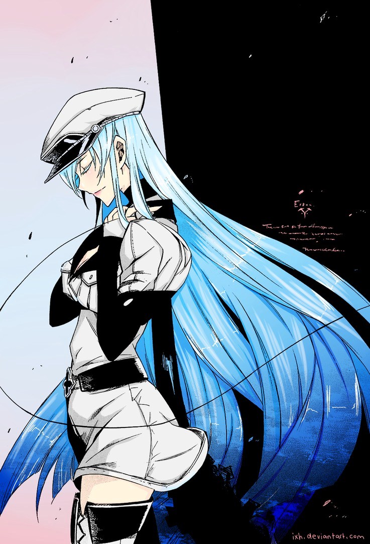 1girl akame_ga_kill! aqua_hair blue_hair boots breasts esdeath hat large_breasts long_boots long_hair miniskirt skirt standing stitched uniform