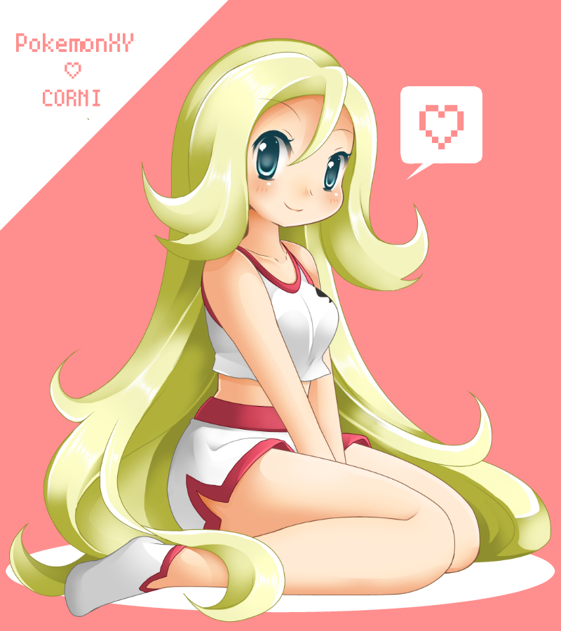 10s 1girl blue_eyes female gym_leader hair_down koruni_(pokemon) long_hair midriff nintendo pokemon pokemon_(anime) pokemon_(game) pokemon_xy shorts shoulders smile solo tank_top very_long_hair wristband