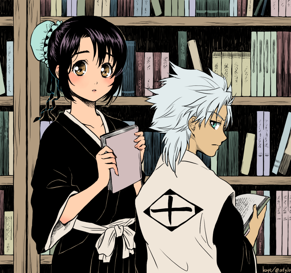 1boy 1girl afglo black_hair bleach blush book bookshelf brown_eyes bun_cover from_behind green_eyes hair_bun haori hinamori_momo hitsugaya_toushirou holding_book japanese_clothes looking_at_viewer looking_back sash taichou_haori white_hair