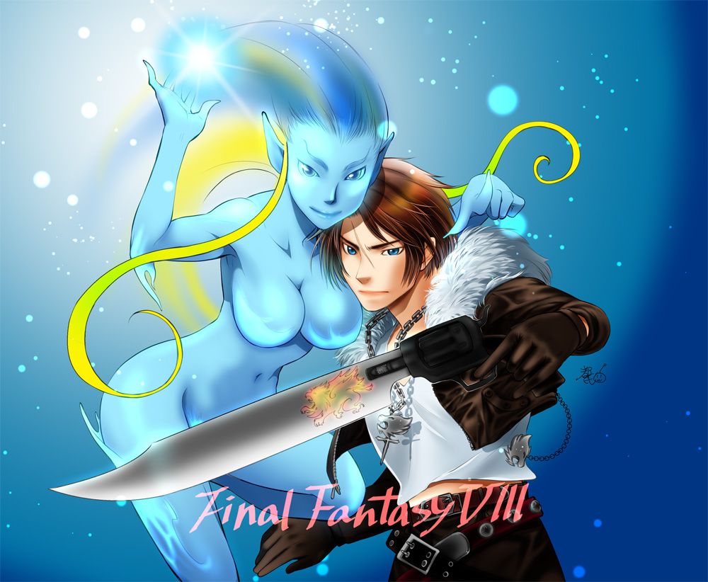 1boy 1girl blue_eyes blue_hair blue_skin breasts brown_hair copyright_name final_fantasy final_fantasy_viii gloves gun gunblade jacket jewelry large_breasts looking_at_viewer monster_girl navel necklace no_nipples nude pointing pointy_ears shiva_(final_fantasy) smile squall_leonhart sword tokotokotokou weapon
