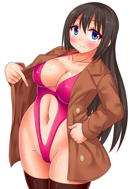 1girl black_hair black_legwear blue_eyes blush breasts coat curvy female large_breasts long_hair navel original pink_swimsuit sakaura_(layer255) simple_background solo standing swimsuit thigh-highs white_background