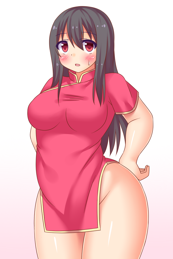 1girl black_hair blush breasts chinese_clothes dress female long_hair no_panties original red_eyes sakaura_(layer255) skirt solo standing wide_hips