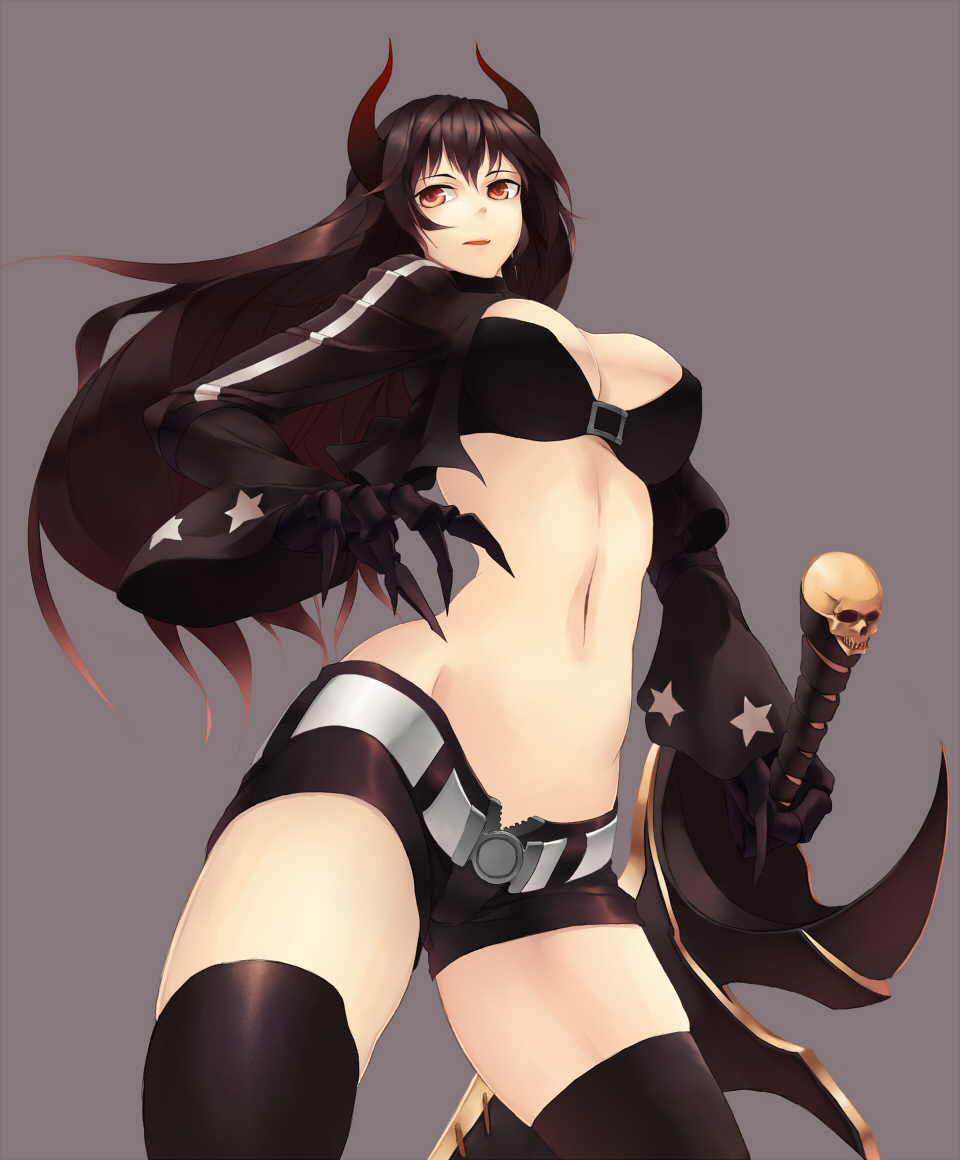1girl black_gold_saw black_hair black_rock_shooter breasts claws cleavage female horns large_breasts long_hair midriff navel red_eyes reibun_(raven1119) shorts simple_background solo sword tagme weapon