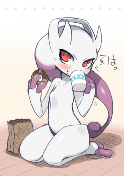 1girl agemono blush coffee doughnut food looking_at_viewer mega_evolution mega_mewtwo_y mewtwo no_humans pokemon red_eyes solo translation_request