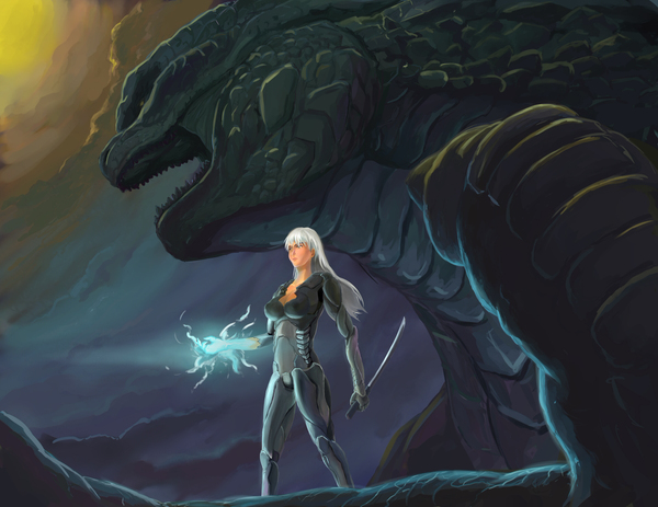 1girl armor cyborg glowing godzilla godzilla_(2014) godzilla_(series) kaijuu katana size_difference sword white_hair