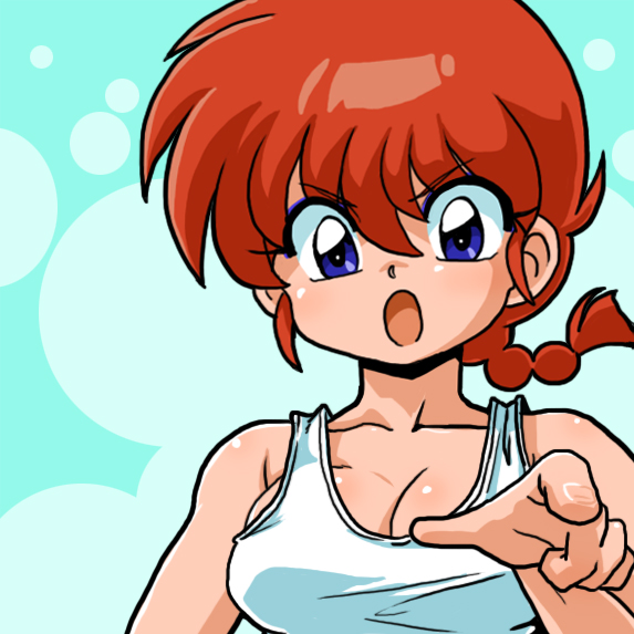 1girl blue_eyes breasts cleavage genderswap open_mouth pointing ranma-chan ranma_1/2 redhead saotome_ranma solo tank_top upper_body wantan-orz