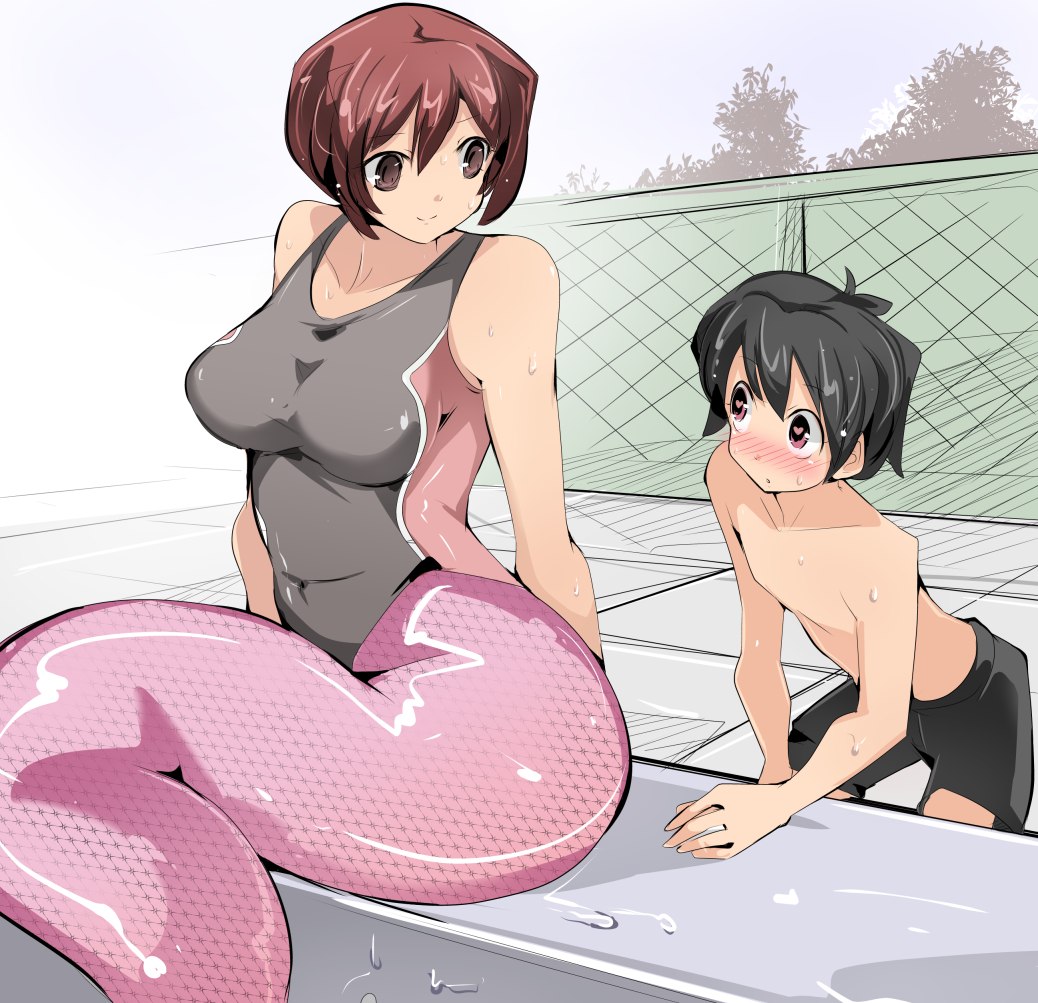 1boy 1girl age_difference black_hair blush brown_eyes brown_hair child heart hetero mermaid monster_girl original short_hair size_difference swimsuit symbol-shaped_pupils tail zinger_(excess_m)