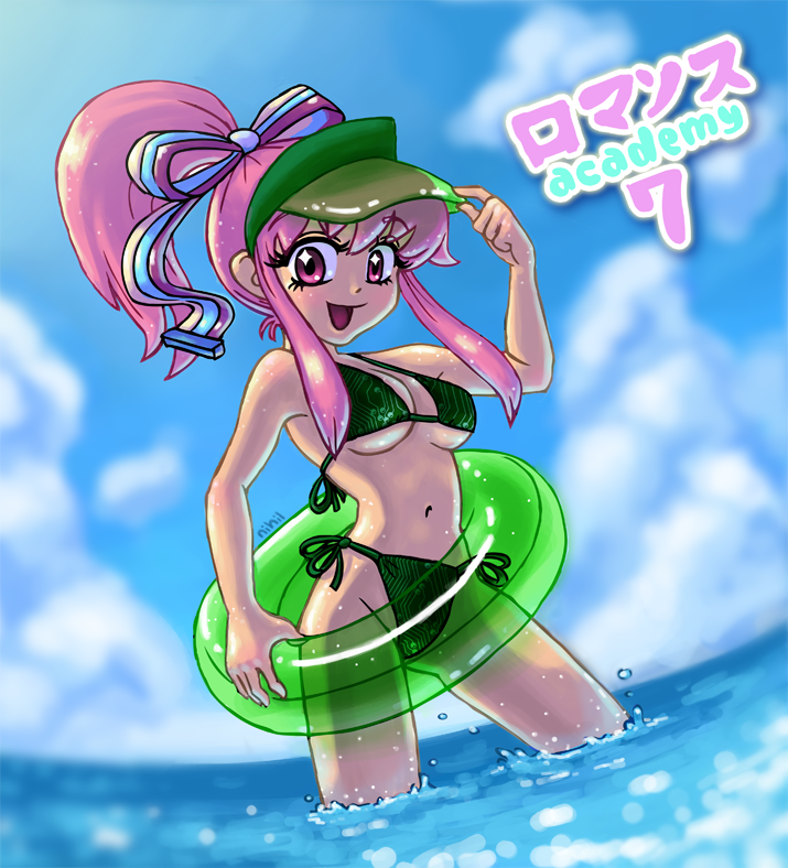 1girl bikini blush clouds dutch_angle giffany gravity_falls happy innertube long_hair looking_at_viewer navel ocean open_mouth outdoors pink_eyes pink_hair ponytail sidelocks sky smile solo swimsuit translated under_boob wading