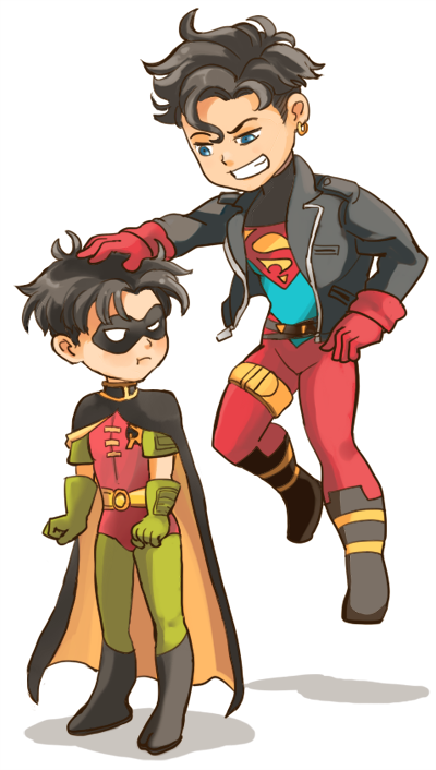 2boys belt black_hair blue_eyes bodysuit boots cape dc_comics domino_mask earrings flying gloves grin hair_tousle hand_on_another's_head imo_(ume_syrop) jacket jewelry kon-el leather leather_jacket male_focus mask multiple_boys robin_(dc) s_shield simple_background smile split-toe_footwear superboy thigh_strap tim_drake young_justice