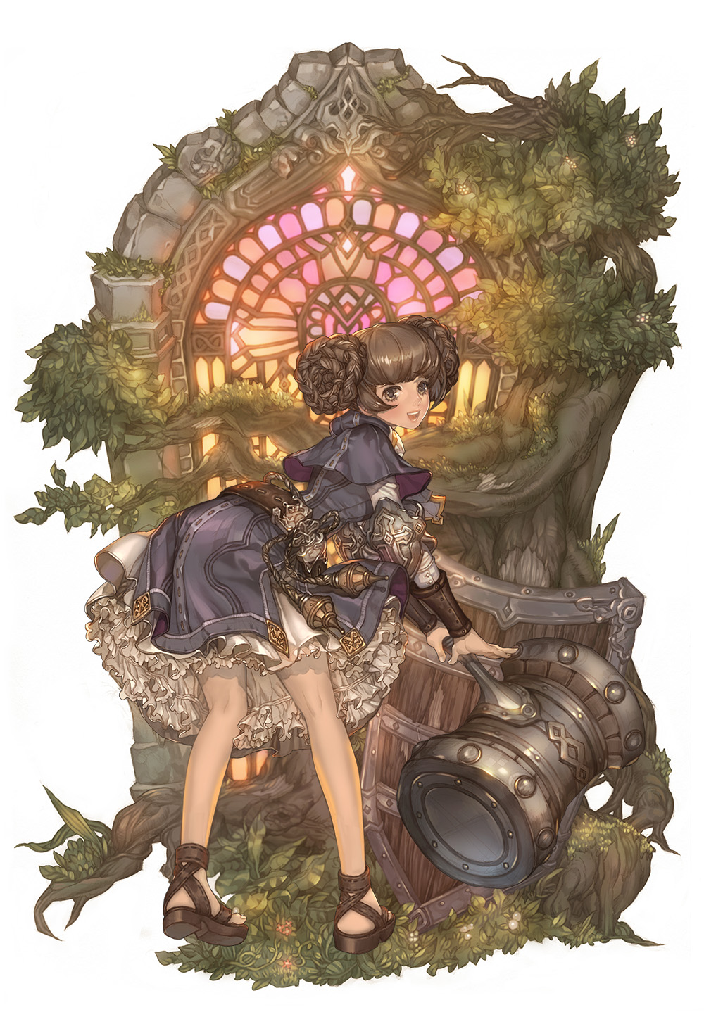 1girl :d ass bent_over blue_dress brown_eyes brown_hair cleric_(tree_of_savior) double_bun dress frilled_dress frills hammer highres leaf long_sleeves looking_back maggi official_art open_mouth plant round_teeth sandals shield smile solo teeth tree tree_of_savior