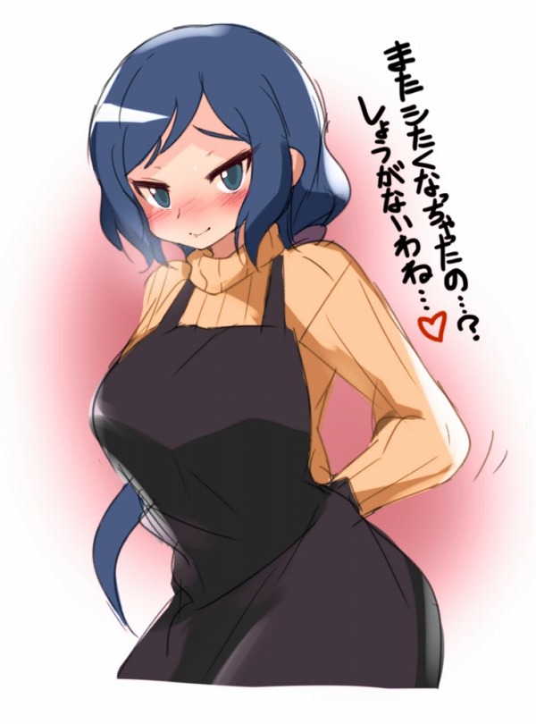 1girl apron blue_hair blush bow breasts denim green_eyes gundam gundam_build_fighters hair_bow hair_ornament happy hips iori_rinko large_breasts long_hair looking_back milf ponytail smile sweater translation_request turtleneck yajirushi_kaku