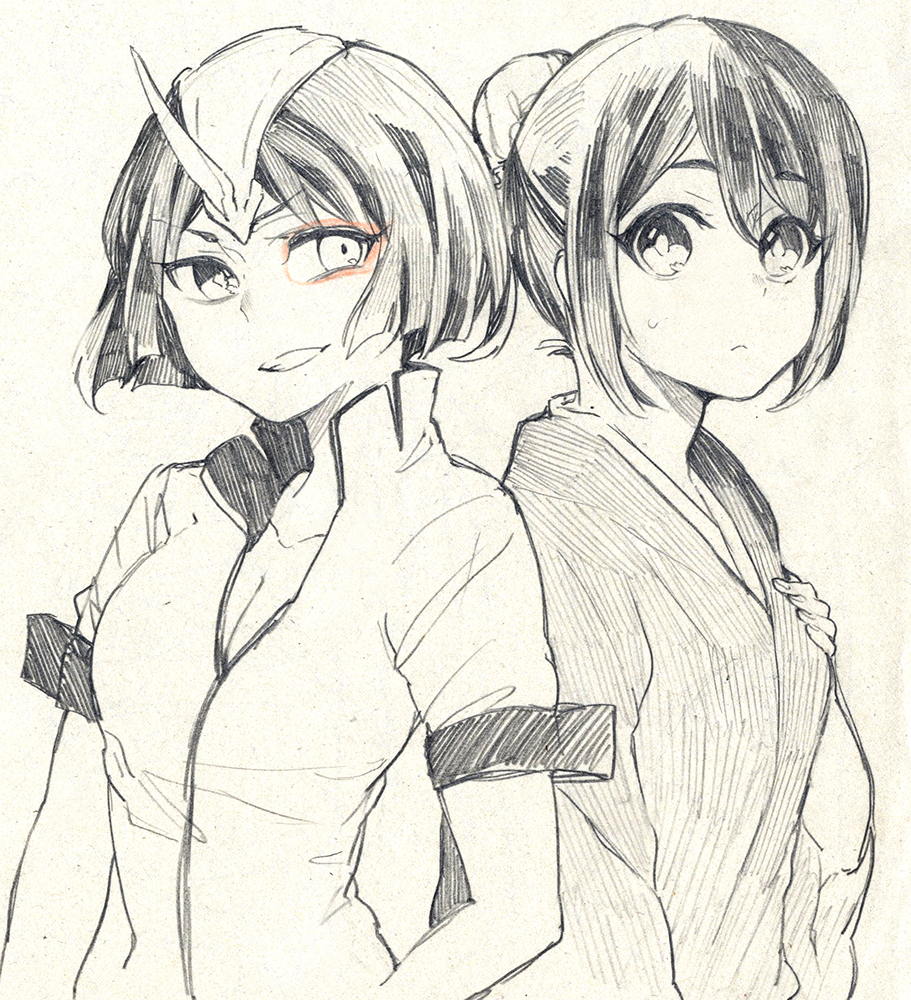 2girls arrancar bleach emilou_apacci grin hinamori_momo horn mebuti monochrome multiple_girls sakuma_kumi seiyuu_connection short_hair sketch smile