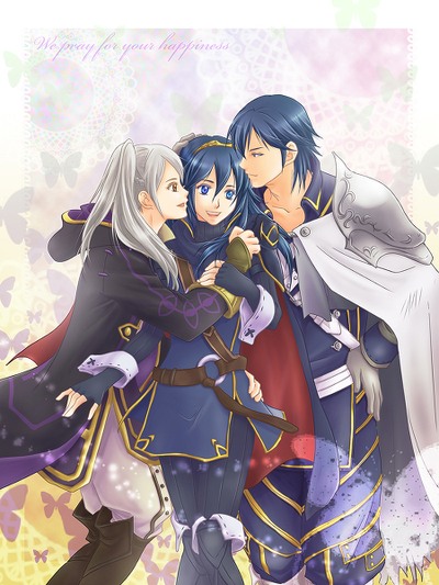 1boy 2girls blue_eyes blue_hair family father_and_daughter fire_emblem fire_emblem:_kakusei husband_and_wife krom lucina mother_and_daughter multiple_girls my_unit my_unit_(fire_emblem:_kakusei) nintendo sandwiched white_hair