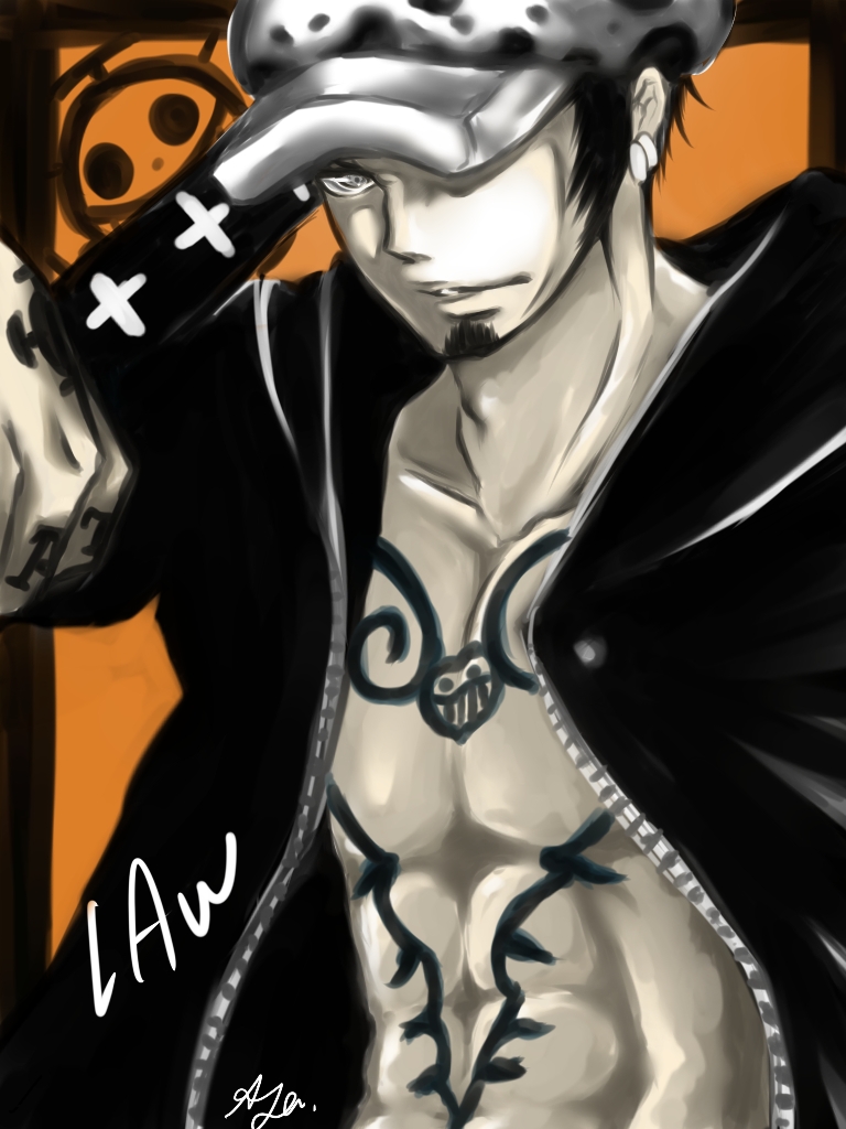 1boy aya character_name hat hat_over_one_eye male_focus nodachi one_piece open_clothes open_shirt sheathed_sword shirt solo tattoo trafalgar_law