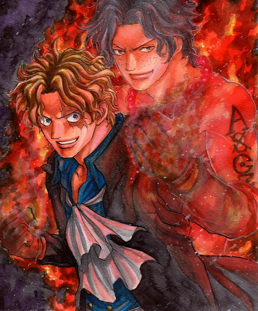 2boys aki-rose brothers dressrosa fire ghost legacy marker_(medium) memory multiple_boys one_piece portgas_d_ace sabo_(one_piece) scar siblings traditional_media