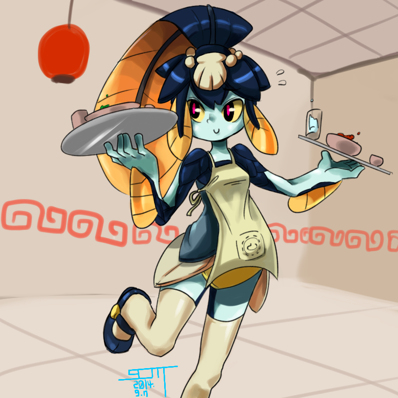 1girl apron blue_skin blush bowl coffee cup fins fish_girl hair_ornament head_fins lkll minette_(skullgirls) monster_girl pink_eyes scales shell skullgirls smile solo som thigh-highs tray waitress yellow_sclera