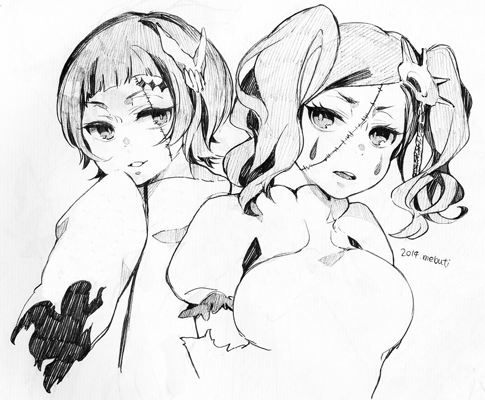 10s 1boy 1girl 2014 arrancar bleach cirucci_sanderwicci facial_mark grin hair_ornament long_sleeves looking_at_viewer luppi_antenor mebuti monochrome sketch sleeves smile stitches twintails zombie