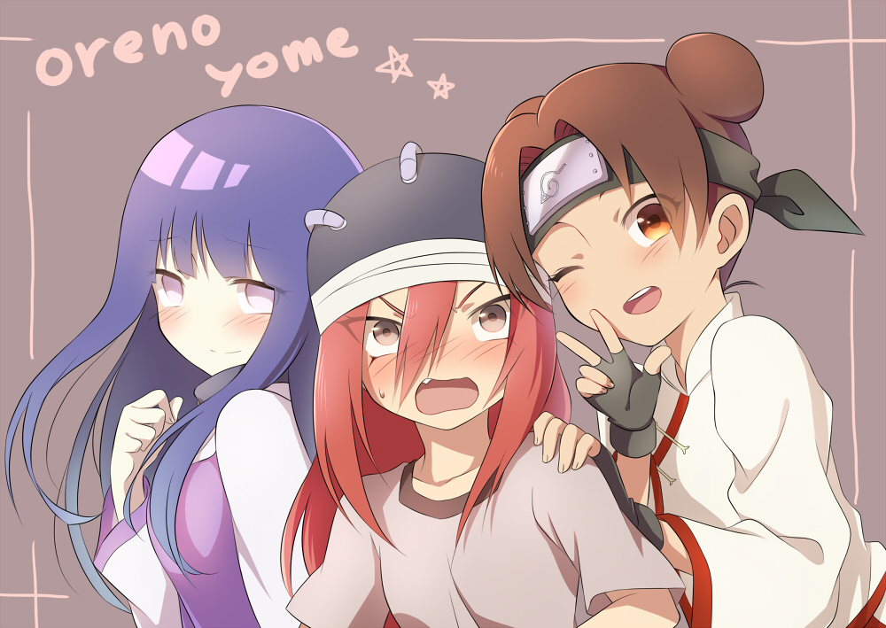 3girls bitou blush brown_hair chinese_clothes double_bun fang female fingerless_gloves gloves hat headband hyuuga_hinata long_hair looking_at_viewer multiple_girls naruto pink_hair purple_hair tayuya tenten v