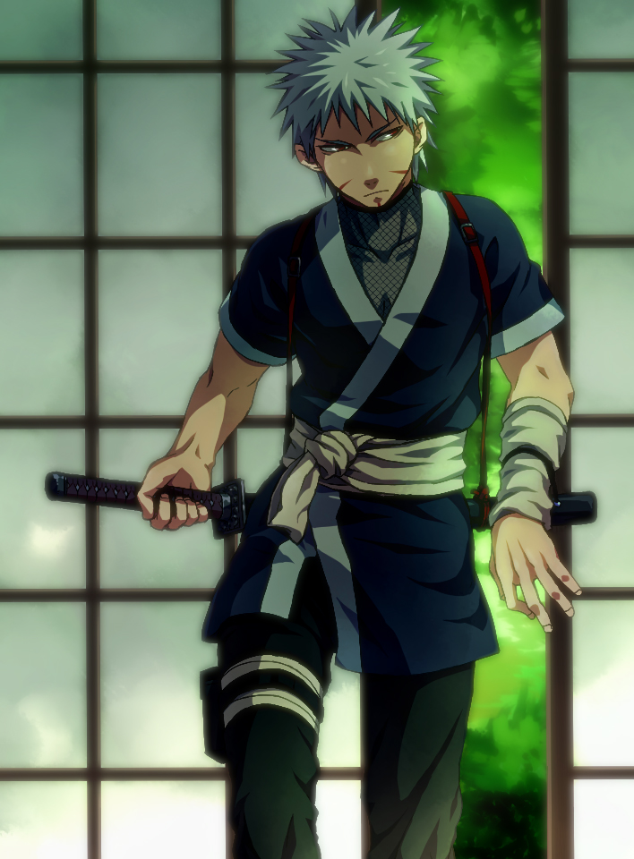 1boy facial_mark grey_hair male_focus morori naruto ninja senju_tobirama solo sword weapon