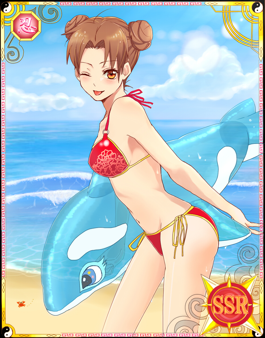 1girl beach bikini brown_eyes brown_hair clouds double_bun inflatable_orca inflatable_toy inflatable_whale looking_at_viewer naruto ocean outdoors side-tie_bikini sky solo swimsuit tenten wink