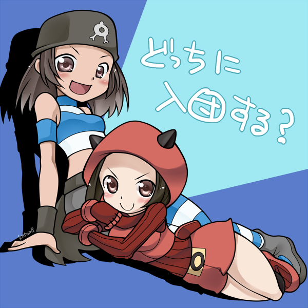 10s 2girls blush brown_eyes brown_hair hood hoodie kotomi_(happy_colors) looking_at_viewer multiple_girls npc_trainer pokemon pokemon_(game) pokemon_oras team_aqua team_aqua_grunt team_magma team_magma_grunt translation_request