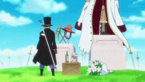 1boy animated animated_gif blonde_hair covered_eyes cravat goggles goggles_on_hat grin hat jacket lowres male_focus one_piece open_clothes sabo_(one_piece) shueisha smile solo top_hat weapon