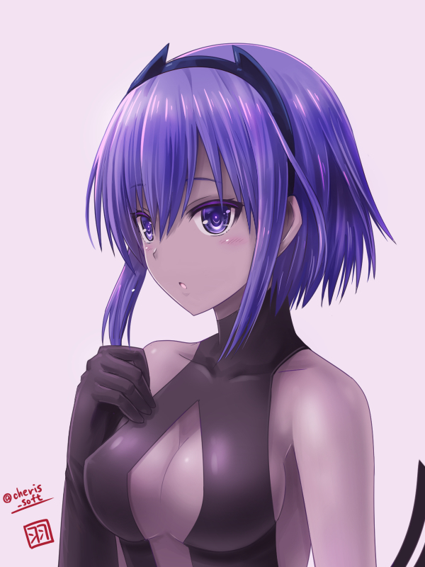 1girl assassin_(fate/prototype_fragments) bangs bare_shoulders black_gloves blush breasts center_opening dark_skin fate/prototype fate/prototype:_fragments_of_blue_and_silver fate_(series) gloves hairband haura_akitoshi medium_breasts purple_hair short_hair solo twitter_username violet_eyes