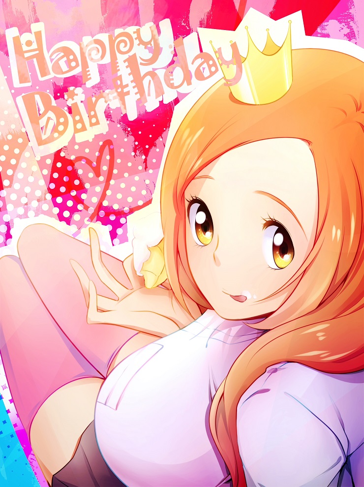 1girl 57_(lme_piggy117) bleach breasts happy_birthday inoue_orihime licking_lips looking_at_viewer matching_hair/eyes orange_eyes orange_hair skirt solo thigh-highs tongue tongue_out