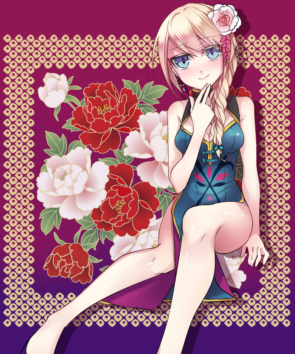 1girl blonde_hair blue_eyes blush braid breasts china_dress chinese_clothes colored_eyelashes disney dress earrings elsa_(frozen) flower frozen_(disney) hair_flower hair_ornament jewelry kokuchuutei looking_at_viewer qipao sitting solo