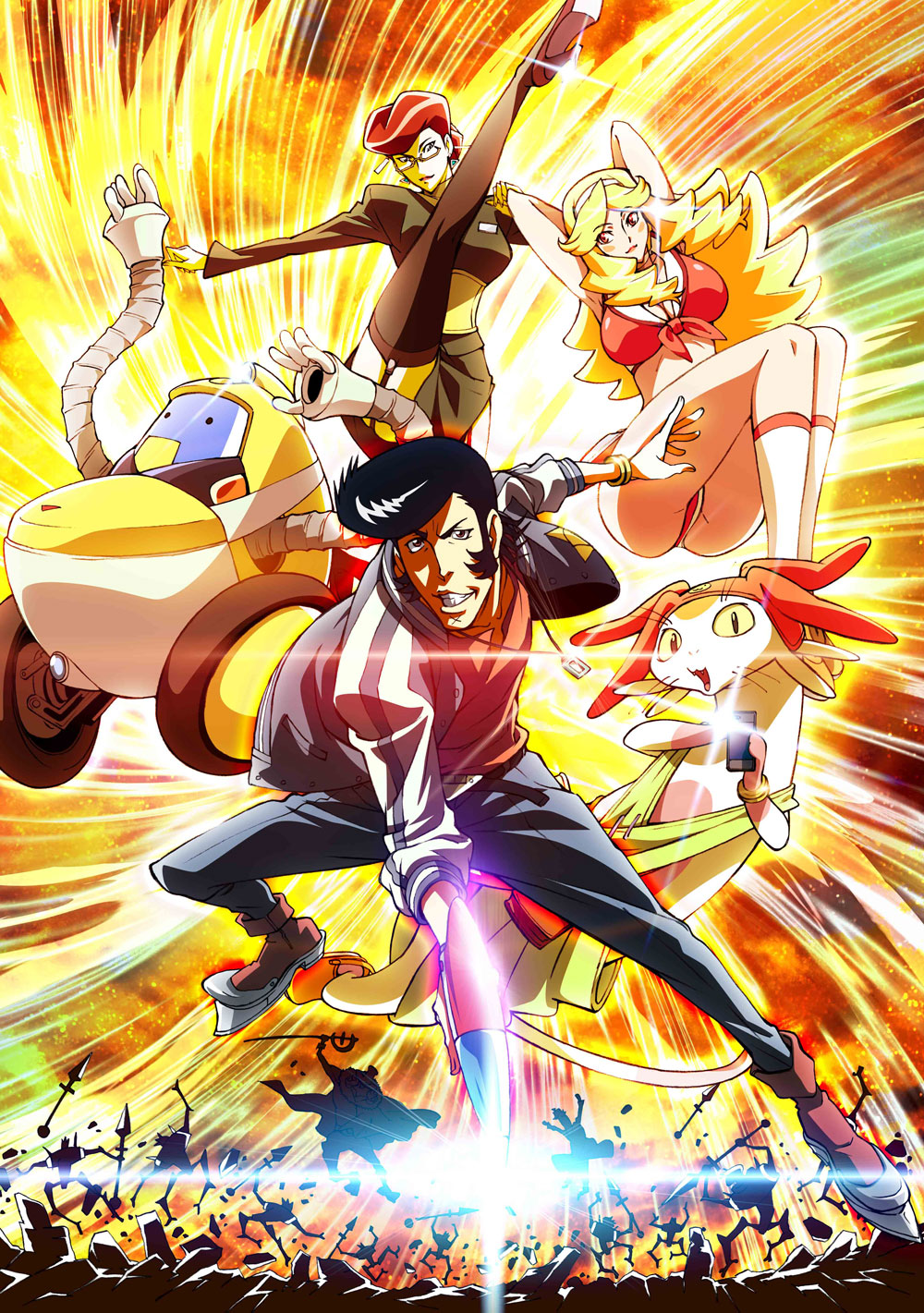 2girls 3boys ass breasts cellphone cleavage curly_hair dandy_(space_dandy) dr._gel energy_gun explosion hairband highres honey_(space_dandy) jacket jewelry lens_flare meow_(space_dandy) multiple_boys multiple_girls official_art phone pompadour qt_(space_dandy) ray_gun robot scarlet_(space_dandy) smartphone space_dandy tail thigh-highs weapon