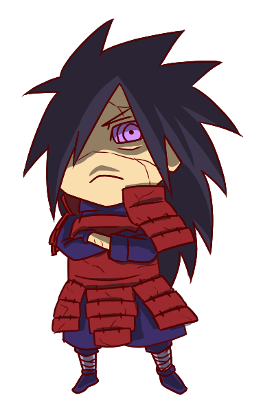 1boy armor bandage chibi corpse crossed_arms edo_tensei gloves hair_over_one_eye hydrangea0929 long_hair looking_at_viewer male_focus naruto naruto_shippuuden rinnegan sandals serious solo spiky_hair uchiha_madara uchiha_madara_(edo_tensei) violet_eyes white_background