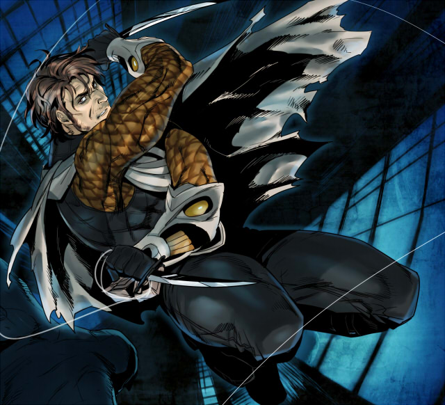 1boy batman_(series) blonde_hair calvin_rose dc_comics dual_wielding jiro knife male_focus solo talon weapon