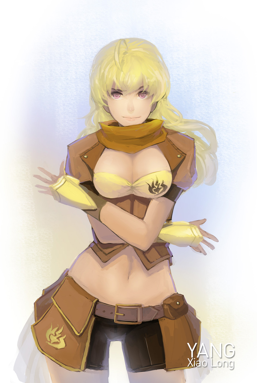 1girl belt blonde_hair breasts character_name cleavage female large_breasts midriff navel rwby sky_of_morika solo yang_xiao_long
