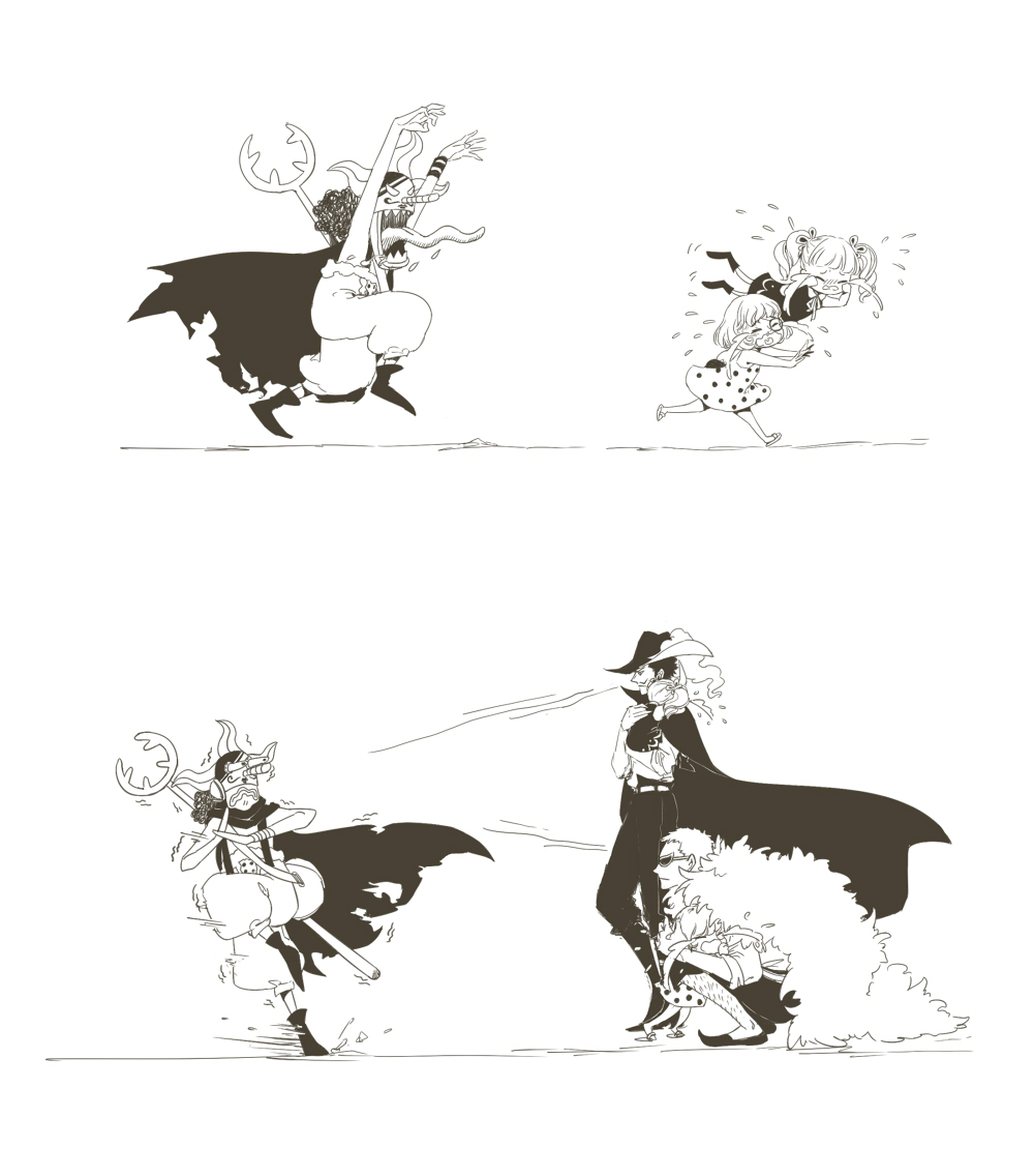 2girls 3boys 7655603 cape crying donquixote_doflamingo dracule_mihawk dress feather_boa greyscale hat marksman mask monochrome multiple_boys multiple_girls one_piece perona polka_dot polka_dot_dress running scared shichibukai sogeking sugar_(one_piece) sunglasses tears tongue usopp weapon younger