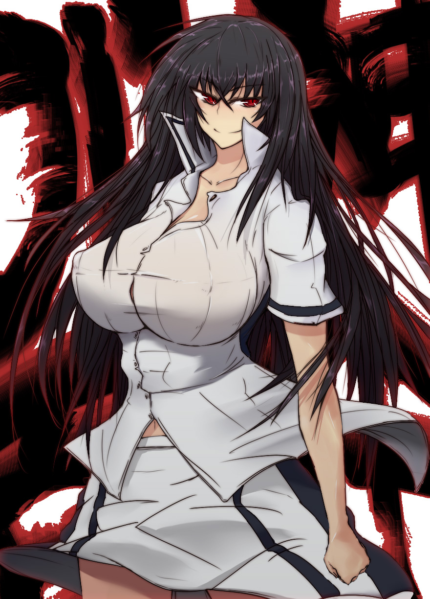 1girl black_hair breasts erect_nipples female highres huge_breasts impossible_clothes impossible_shirt kawakami_momoyo long_hair maji_de_watashi_ni_koi_shinasai! nabeshiki_(nabeyashiki) red_eyes shirt skirt solo standing