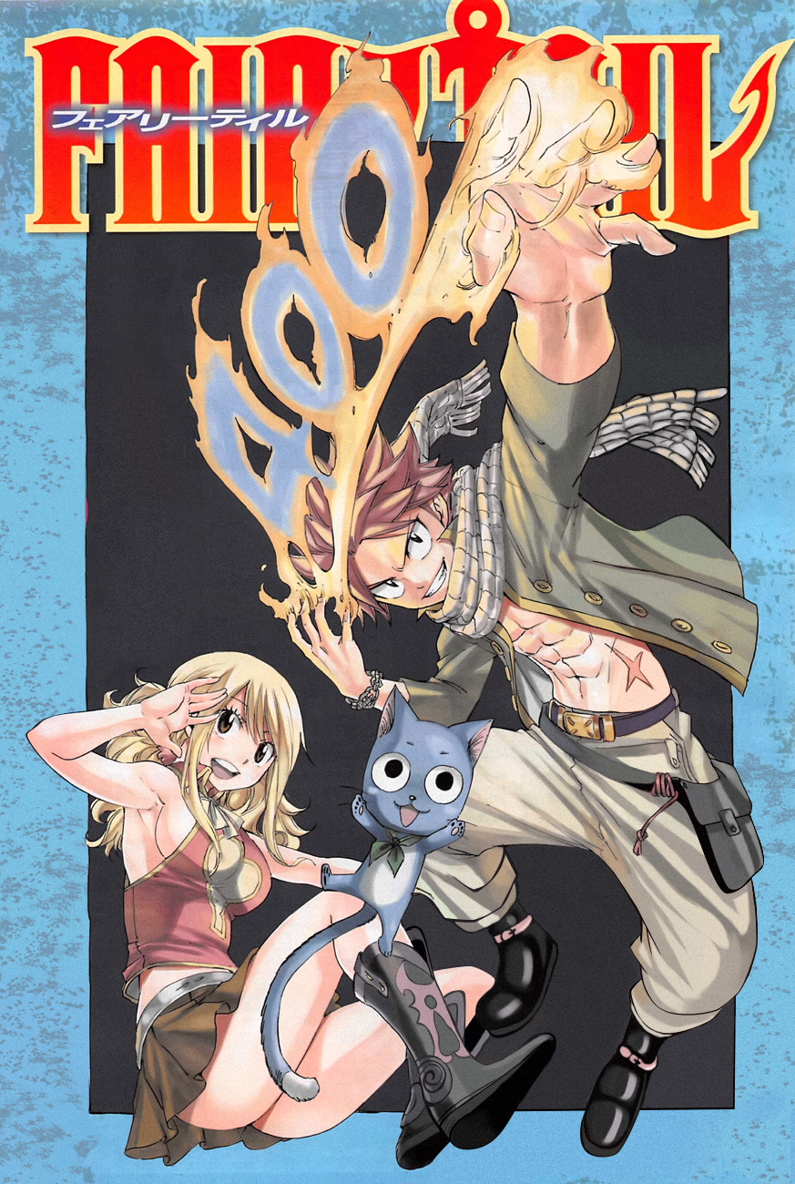 abs belt blonde_hair boots breasts fairy_tail fire happy_(fairy_tail) highres logo lucy_heartfilia mashima_hiro miniskirt natsu_dragneel official_art pink_hair scar scarf sideboob skirt smile