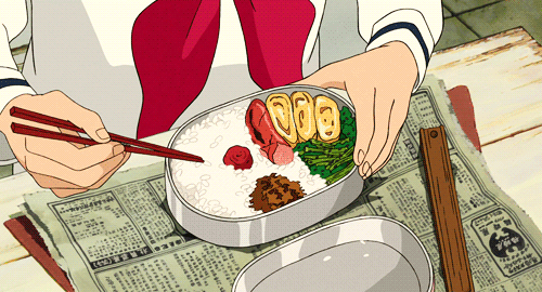 1girl animated animated_gif chopsticks food kokurikozaka_kara newspaper rice sausage studio_ghibli