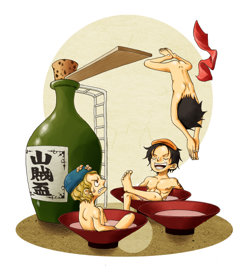 3boys alcohol blonde_hair bottle brothers chibi diving diving_board monkey_d_luffy multiple_boys nude one_piece portgas_d_ace puniatta sabo_(one_piece) sake siblings smile swimming towel trio younger