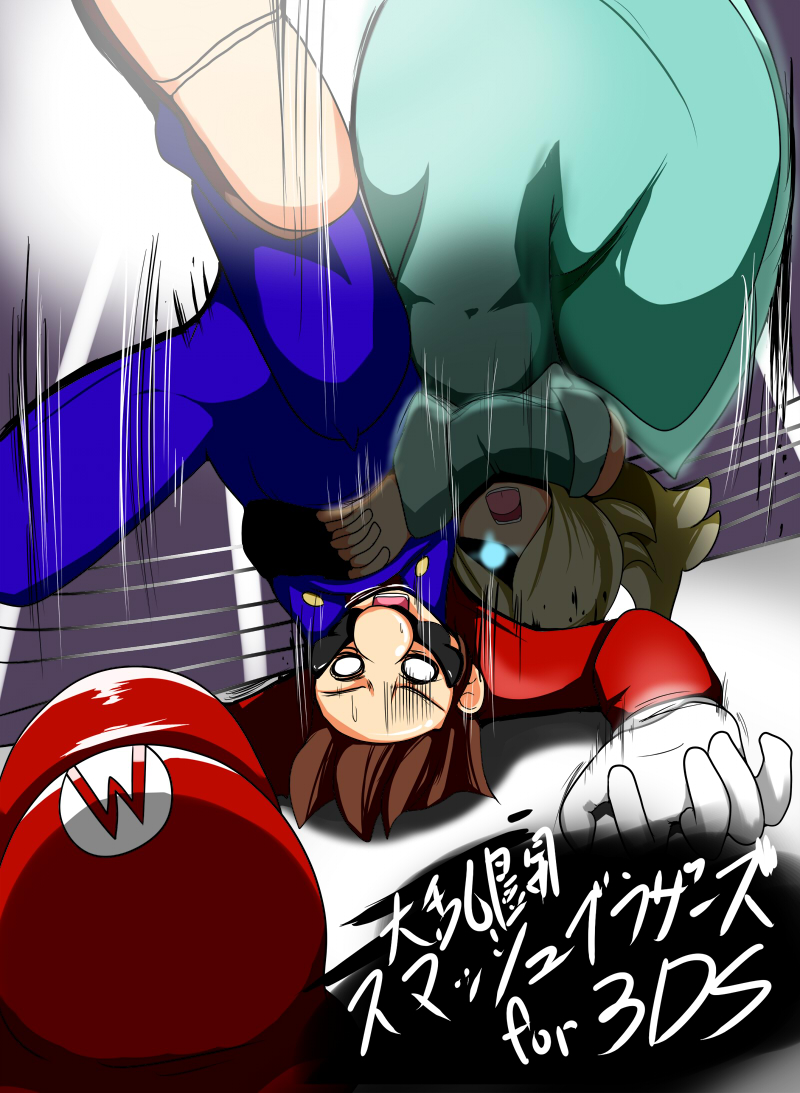 1boy 1girl aqua_eyes atlus blonde_hair brown_hair dress facial_hair gloves glowing glowing_eye hair_over_one_eye hat hat_removed headwear_removed long_hair mario super_mario_bros. megami_tensei mustache nintendo open_mouth overalls parody persona persona_4 persona_4:_the_ultimate_in_mayonaka_arena persona_4:_the_ultimax_ultra_suplex_hold rosetta_(mario) shin_megami_tensei short_hair super_mario_bros. super_mario_galaxy super_smash_bros. suplex taku_(yakumodaisuki) wrestling wrestling_ring