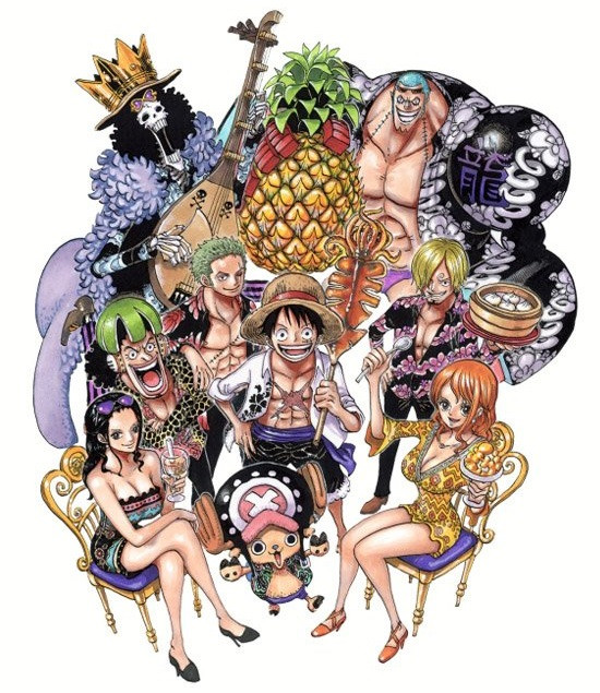 bamboo_steamer black_hair blonde_hair blue_hair brook chair dessert dim_sum dumpling food franky fruit glass green_hair hat ice_cream instrument monkey_d_luffy nami_(one_piece) nico_robin oda_eiichirou official_art one_piece orange_hair pineapple purple_upholstery reindeer roronoa_zoro sanji sitting skeleton spoon squid straw_hat tony_tony_chopper usopp