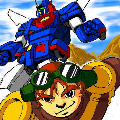 1boy black_eyes brown_hair dark9 goggles jiron_amos lowres male_focus mecha sentou_mecha_xabungle solo xabungle_(mecha)